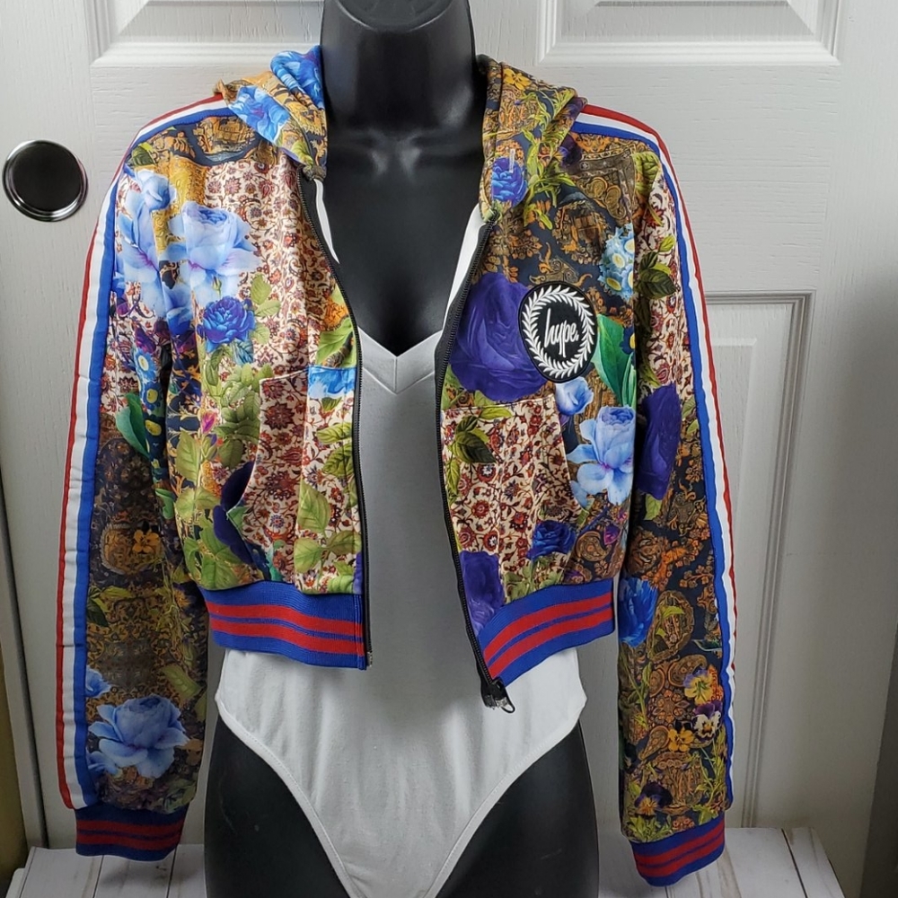 HYPE. Multi-Color Floral Print Crop Jacket W/Hood